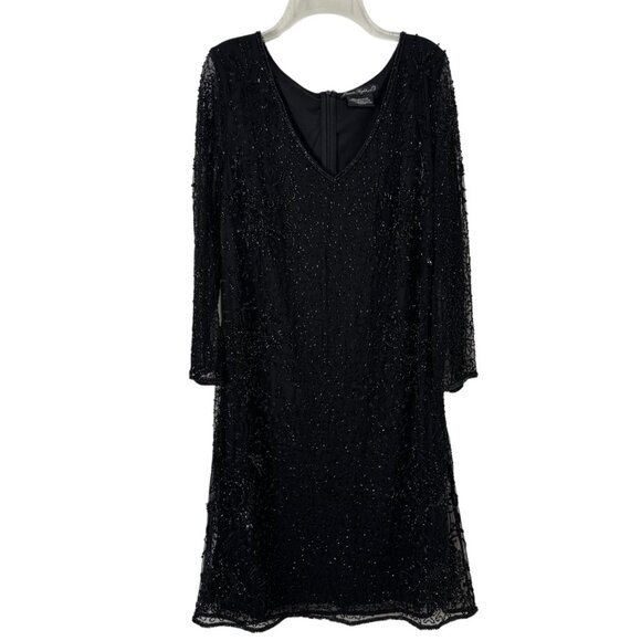 Pisarro Nights V Neck Cocktail Dress Beaded Mesh Sz 6 READ Formal 3/4 Sleeve - Picture 2 of 14